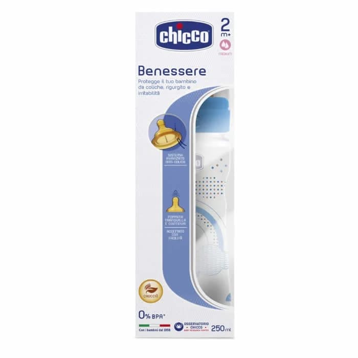 Chicco Well-Being Biberon Caucciù PP Flusso Medio Azzurro 2m+ 250ml
